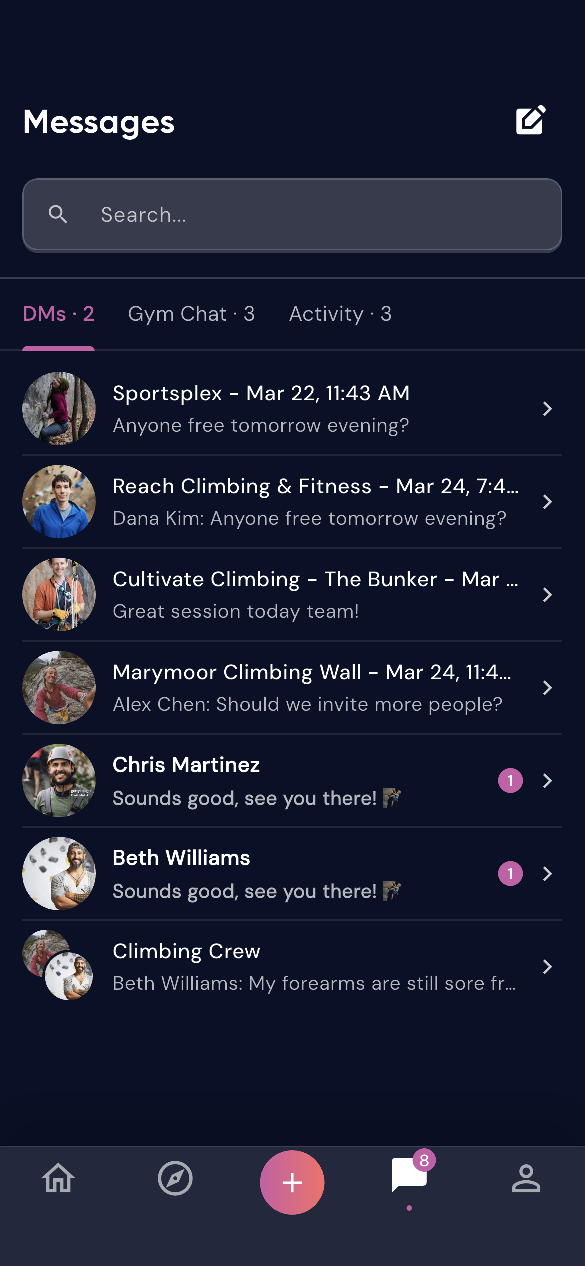 Direct messages with climbing partners